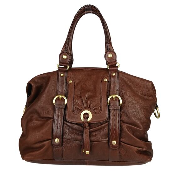 B Makowsky Large Buttery Brown Leather Double Top Handle Purse Gold Hardware - Picture 2 of 7